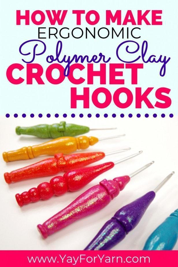 Here's a simple, inexpensive way to make your own custom ergonomic crochet hooks!  The handles are made from polymer clay, and customized for your hands. #polymerclay #polymerclayproject #crochethook #ergonomiccrochethooks #crochettools #diycrochethook #yayforyarn