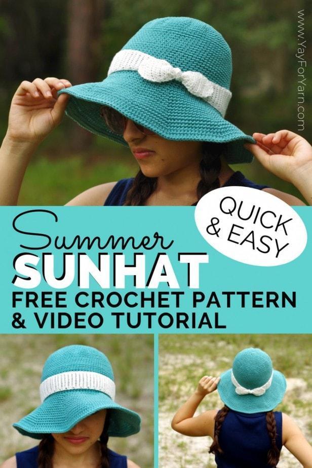 This simple sunhat will keep the bright sunlight out of your eyes all summer long!  Crocheted in washable cotton yarn, it's perfect for your next trip to the park, pool, or beach. #crochetsunhat #freecrochetpattern #crochethat #crochetbabyhat #crochettoddlerhat #summercrochet #beachcrochet #summercrochetpatterns #yayforyarn
