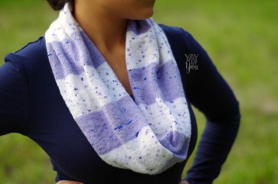 purple and white striped infinity scarf with purple speckles