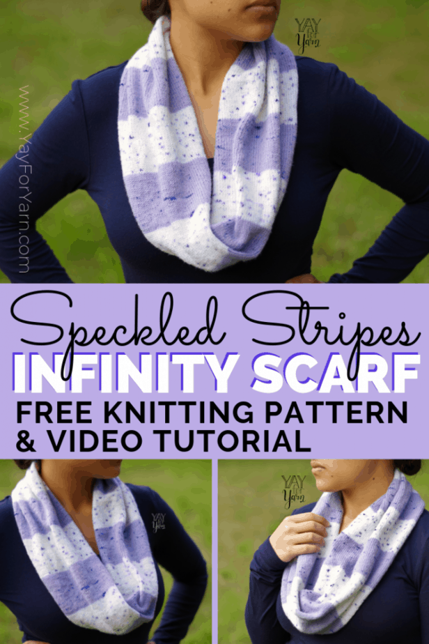 This lightweight, striped infinity scarf is covered with a spattering of speckles! Knit one today in your favorite soft, fingering weight yarn. #knitinfinityscarf #fingeringyarn #infinityscarf #knittedcowl #freeknittingpattern #yayforyarn #freescarfknittingpattern #knittingpattern