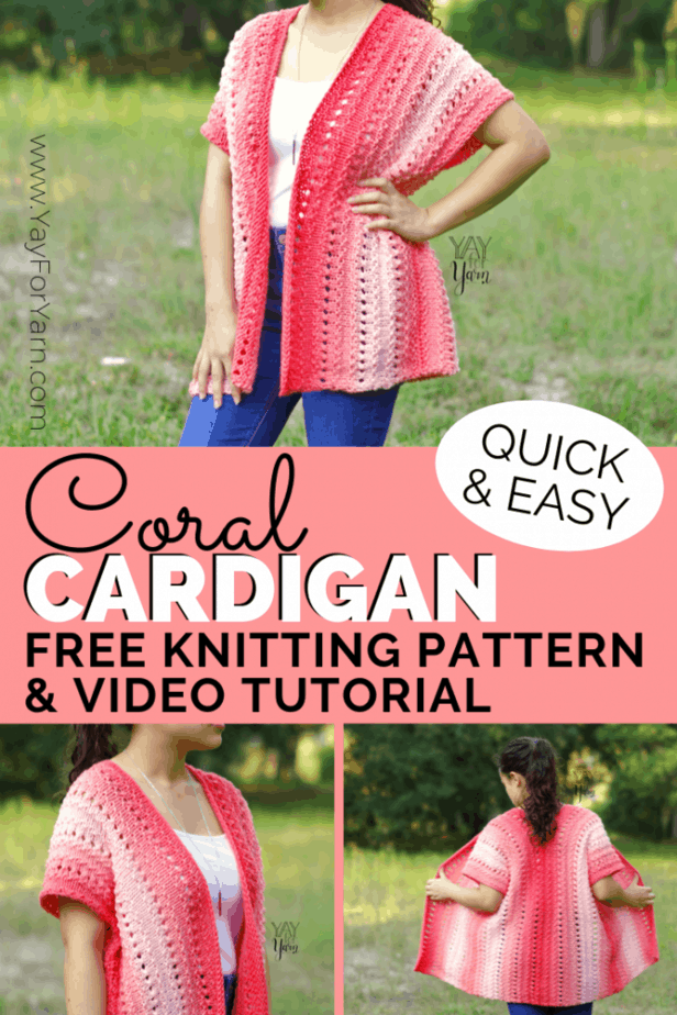Can you knit a rectangle in a simple stitch pattern? Then you can knit the Coral Cardigan! Knit as a rectangle, it’s a great knitted sweater pattern for beginners. #knittedsweaterpattern #knittedcardigan #yayforyarn #freeknittingpatterns #knittingpatternsforbeginners