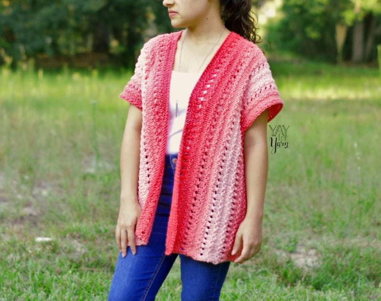 Coral Pink knitted cardigan, easy beginner sweater made from a rectangle