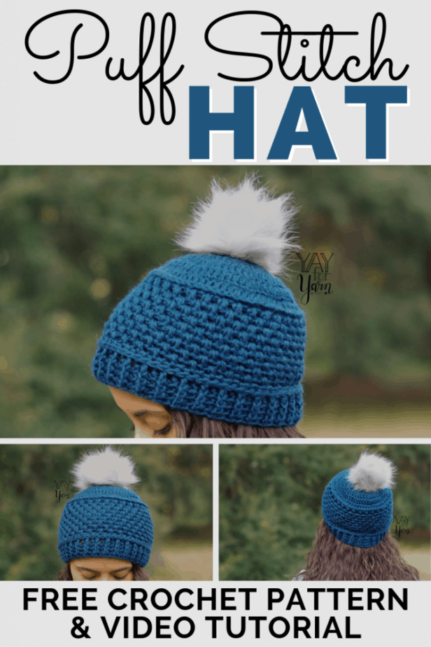 A decorative band of puff stitches adds beautiful texture & detail to this hat! Family-friendly pattern in 10 sizes, from Preemie to Adult Large. Great for fall and winter markets as well! #freecrochetpattern #crochethatpattern #crochethat #crochetmarketprep #crochetmarket #fauxfurpompom #yayforyarn #freebabyhatcrochetpattern #freekidshatcrochetpattern