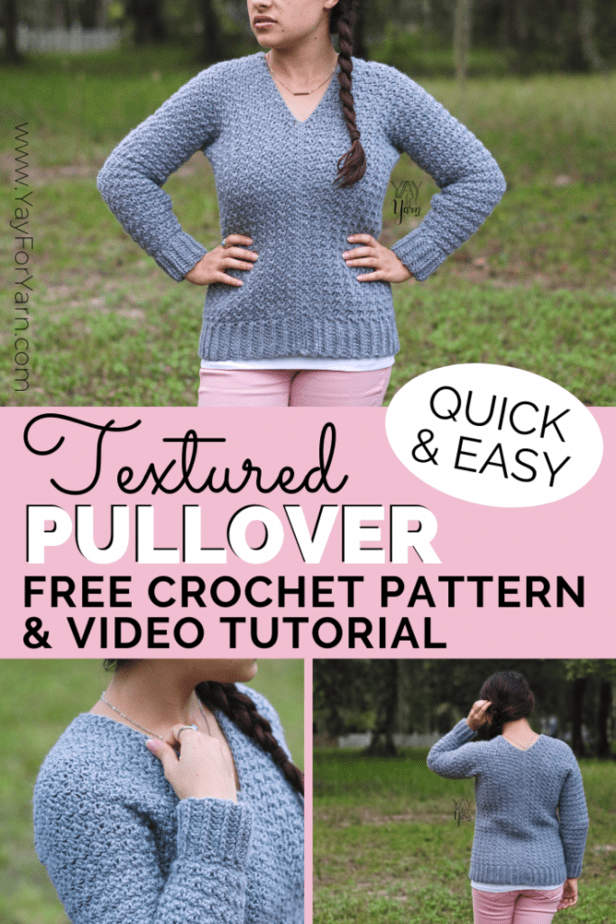 Looking for a classic crochet pullover pattern? This simple, beginner-friendly crochet sweater is made from rectangles, with minimal shaping. Click through for the free version of the written pattern with video tutorial. (Includes plus sizes, too!) #yayforyarn #freecrochetpattern #crochetpatternsforbeginners #crochetsweaterpattern #crochetsweater #crochetforbeginners #plussizecrochetpatterns #easycrochetpatterns