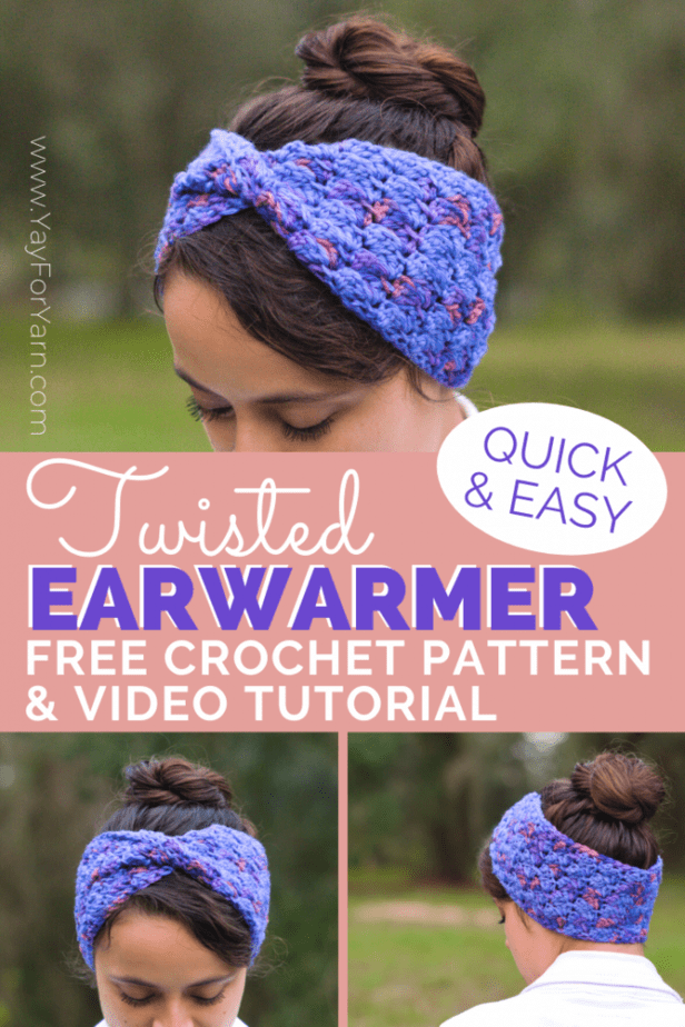 Need a free crochet pattern for a quick winter gift? My Twisted Earwarmer is made from a simple rectangle. It works up very quickly, with no shaping! The super-stretchy stitch makes it very comfy to wear, and it's great for keeping your ears warm when it's chilly out. Ready to make your own Twisted Earwarmer? Click through to get the free written pattern! #yayforyarn #crochetearwarmer #crochetheadband #crochethat #freecrochetpattern #crochetpattern #crochetutorial