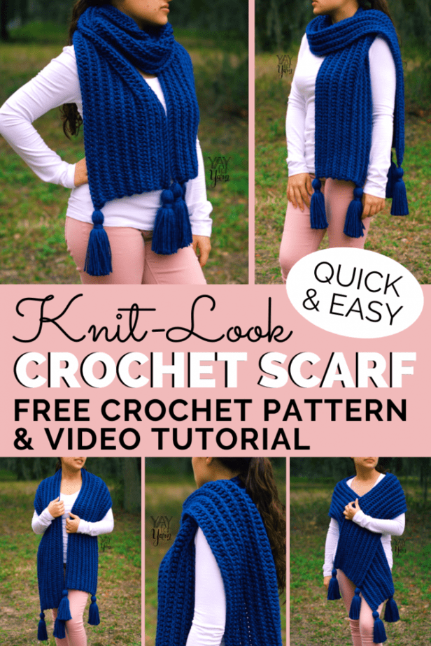 This thick, squishy scarf may look knitted, but it's actually crocheted!  It's a beginner-friendly project that is quick and easy to make. Grab your hook and let's get started! #crochetscarf #freecrochetpattern #knitlookcrochet #crochetscarfpattern #chunkycrochet