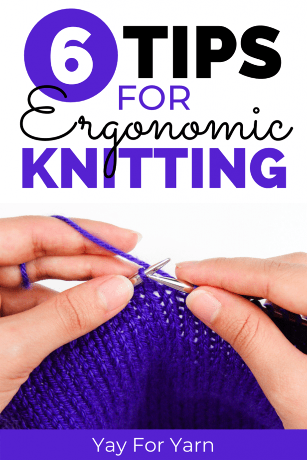6 tips for ergonomic knitting pin image - hands holding yarn and knitting needles