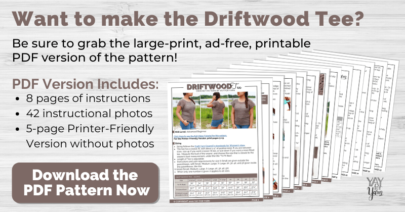 mockup of driftwood tee pdf crochet pattern pages on white wood background