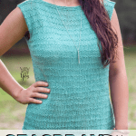 girl wearing lightly textured soft blue-green summer top with hand on hip