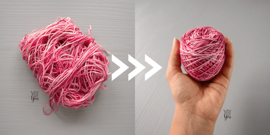left, a messy, half-used skein of speckled pink yarn, right, hand holding that same yarn wound neatly into small yarn cake